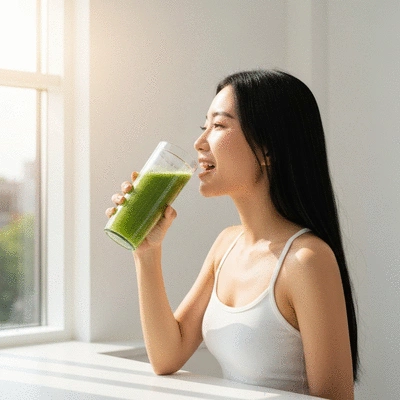 Nutzerin mit einem Smoothie aus entzündungshemmenden Zutaten