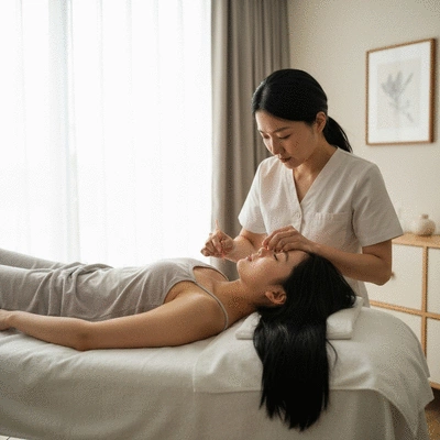 Akupunkturbehandlung in einem ruhigen Raum mit entspannender Atmosph&auml;re